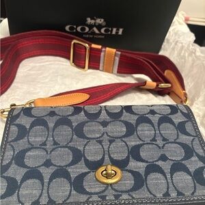 Coach Blue Signature Canvas Crossbody with Red Striped Strap